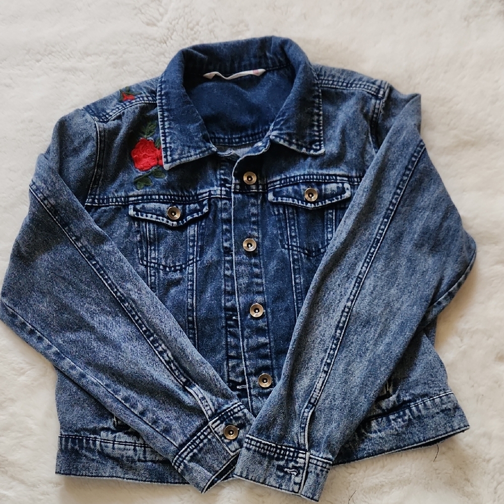 Rhetro Stone Kale Generation Washed Jean  Jacket with Red Rose Embroidery  XL